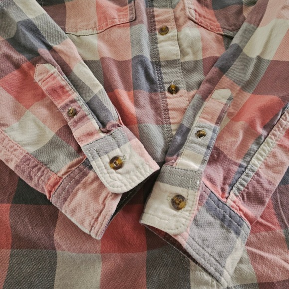 Carhartt Womens Coral Gray Plaid Cotton Button Shirt M 8/10 Western Cowgirl Farm - Picture 3 of 12